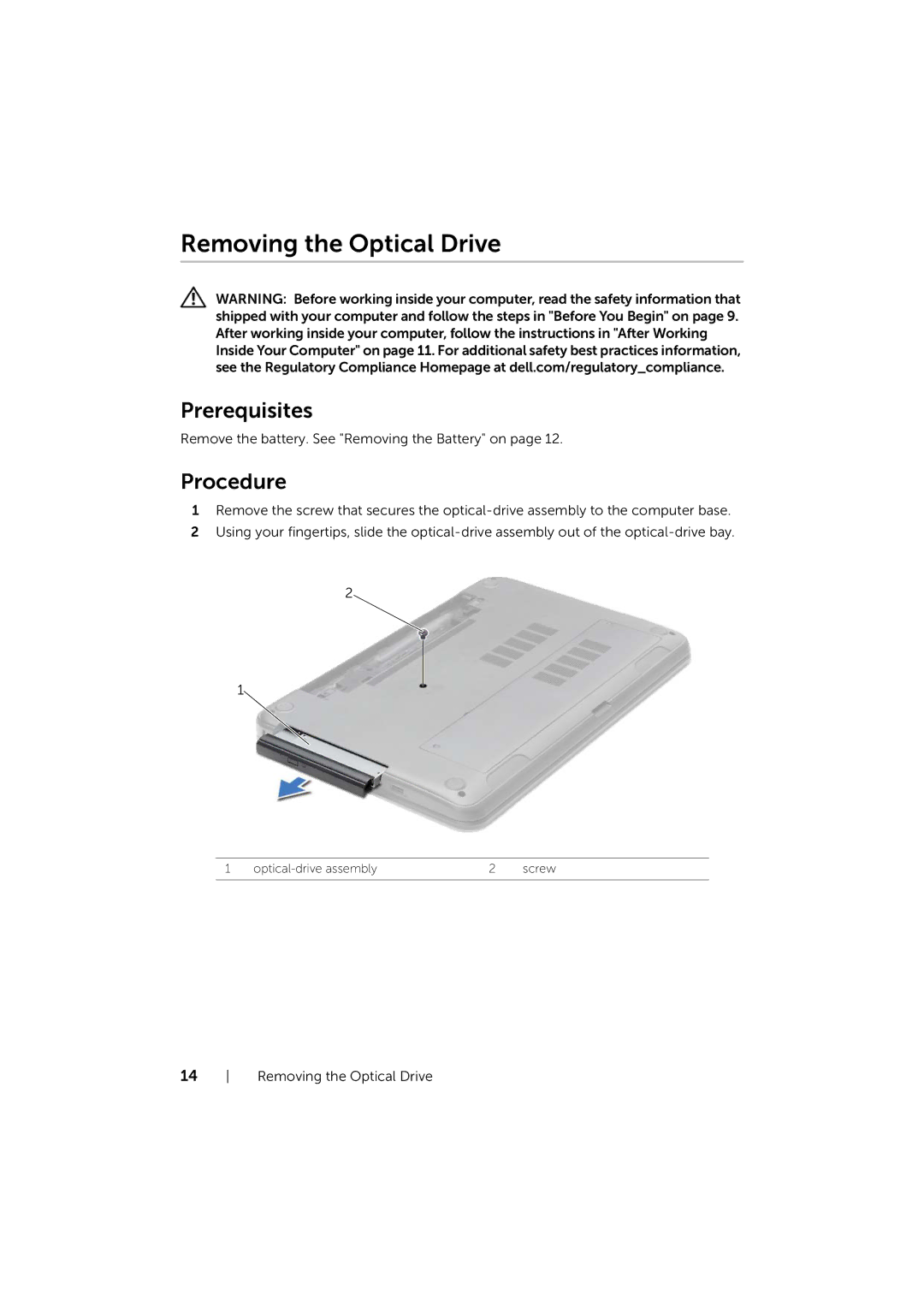 Dell 17/17R manual Removing the Optical Drive 