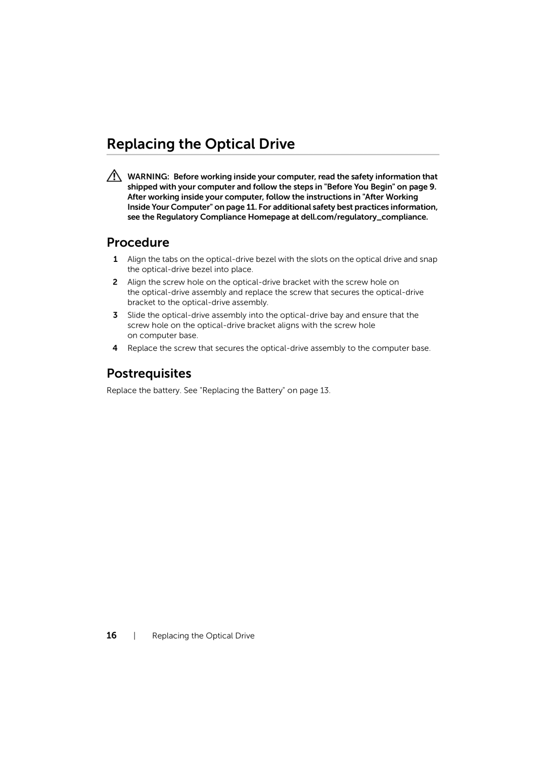 Dell 17/17R manual Replacing the Optical Drive 