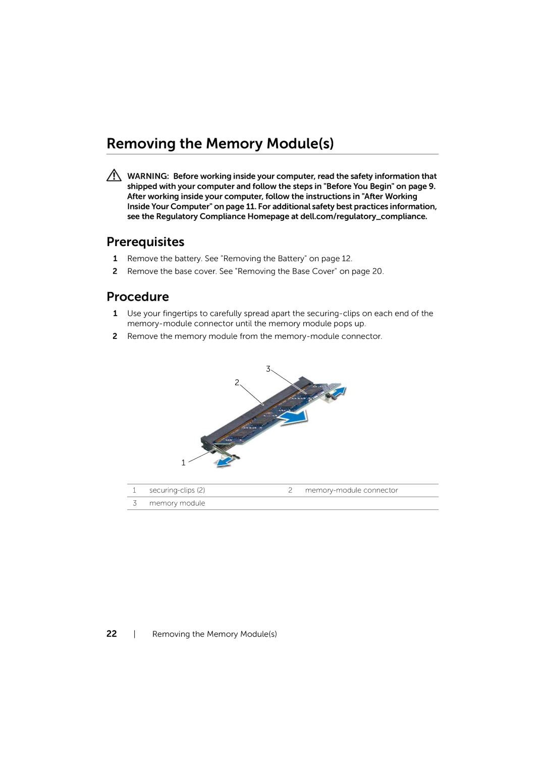 Dell 17/17R manual Removing the Memory Modules 