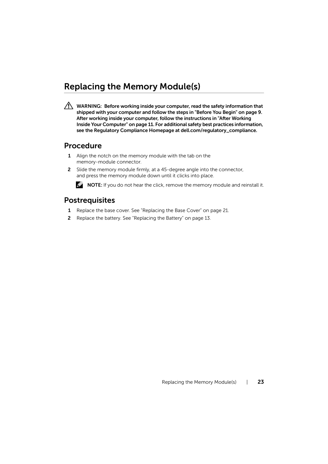 Dell 17/17R manual Replacing the Memory Modules 