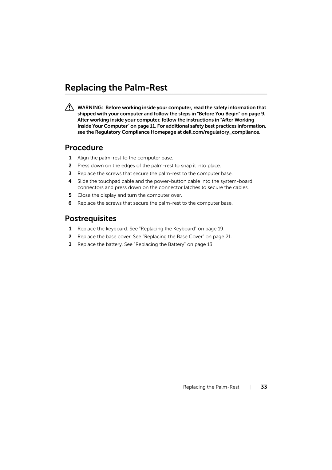 Dell 17/17R manual Replacing the Palm-Rest 