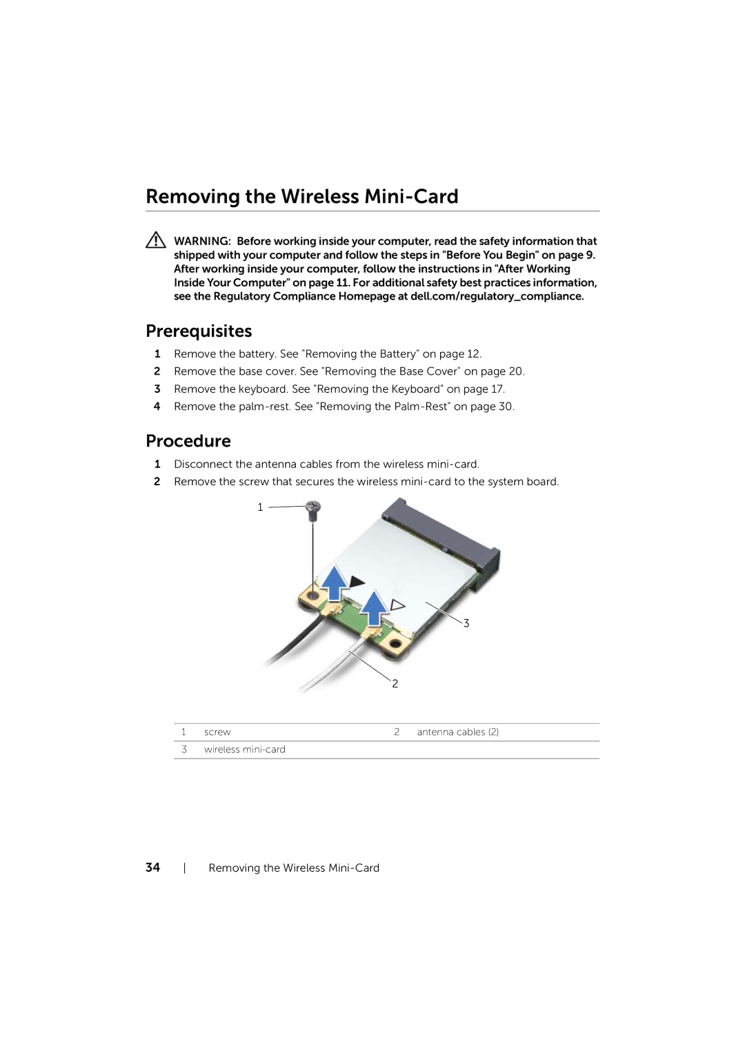 Dell 17/17R manual Removing the Wireless Mini-Card 