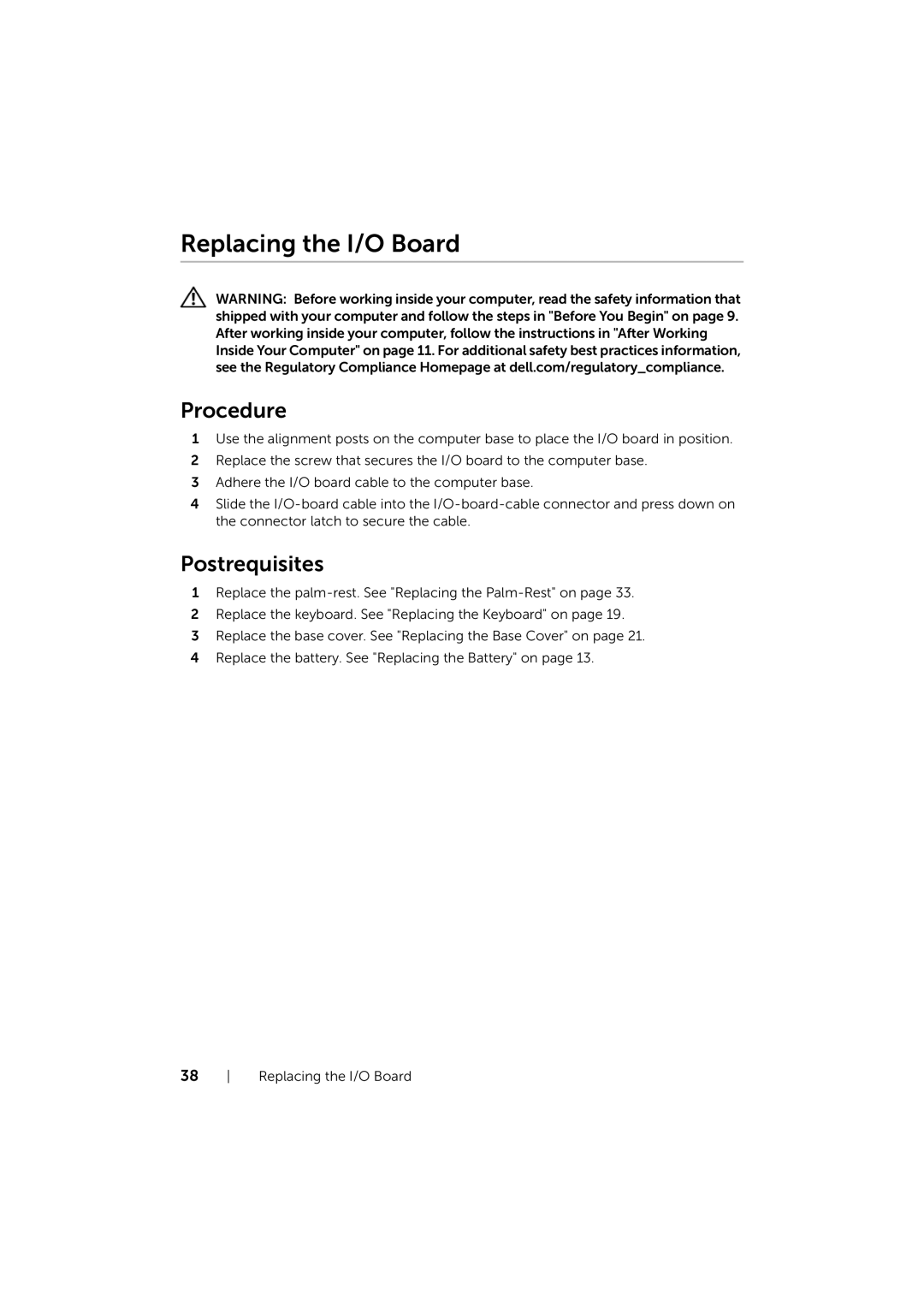 Dell 17/17R manual Replacing the I/O Board 