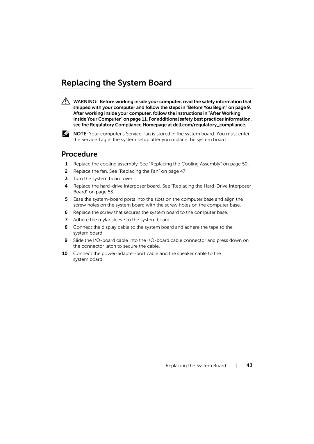 Dell 17/17R manual Replacing the System Board 