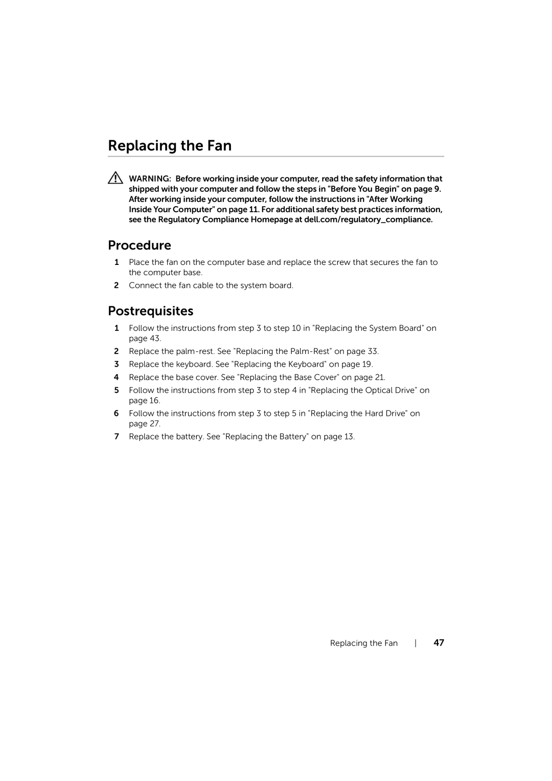 Dell 17/17R manual Replacing the Fan 