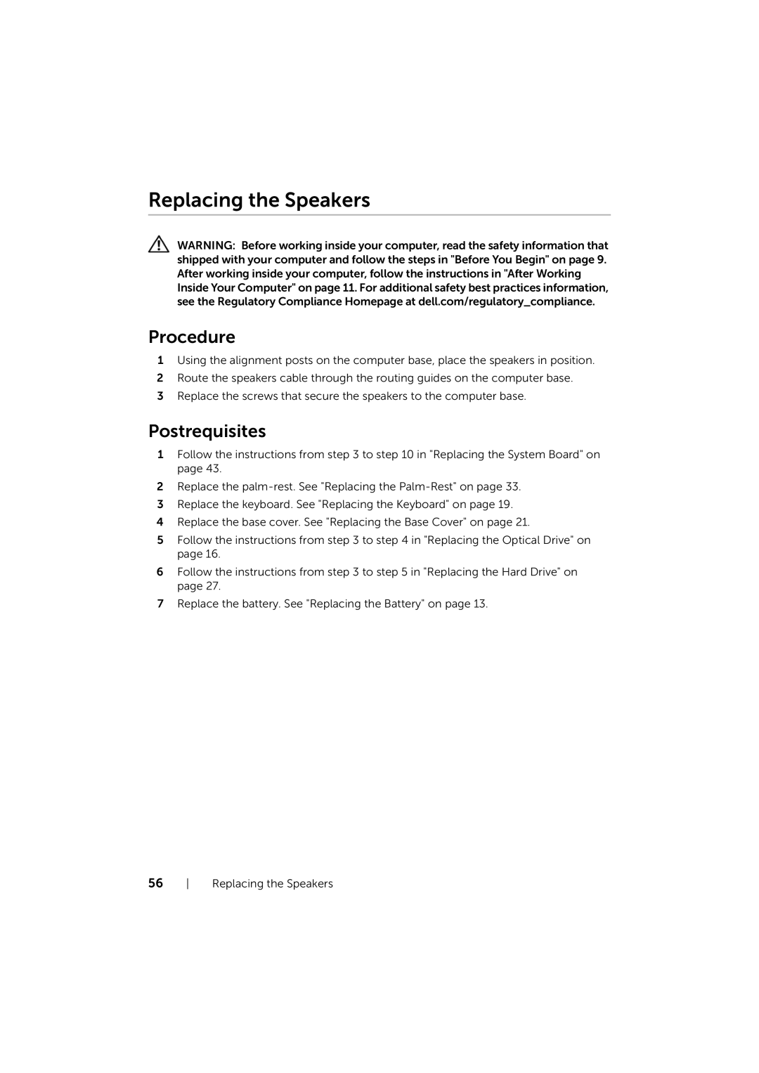 Dell 17/17R manual Replacing the Speakers 