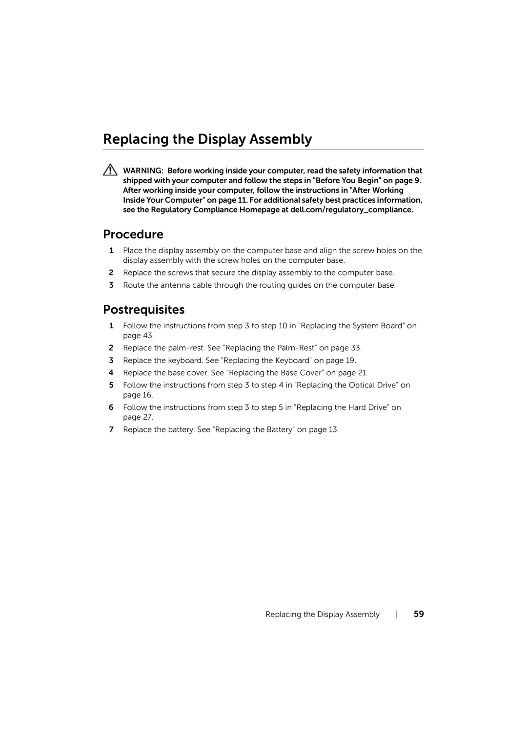 Dell 17/17R manual Replacing the Display Assembly 