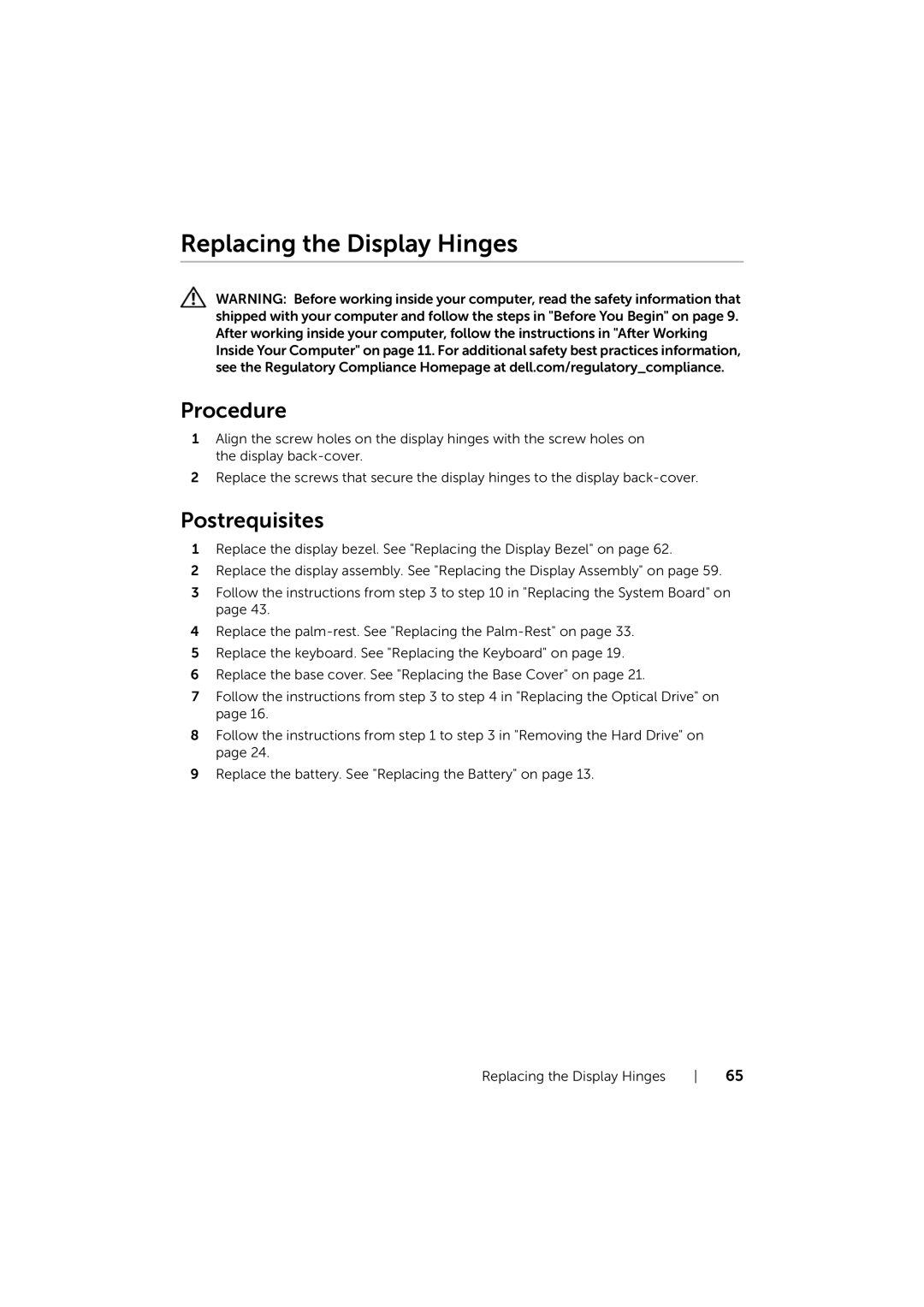 Dell 17/17R manual Replacing the Display Hinges 