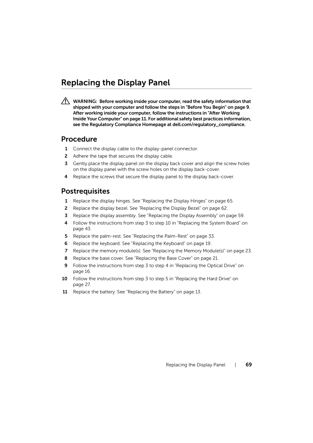 Dell 17/17R manual Replacing the Display Panel 