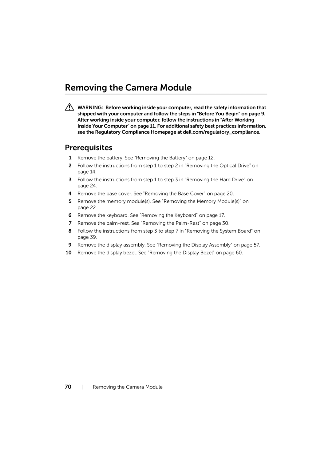 Dell 17/17R manual Removing the Camera Module 