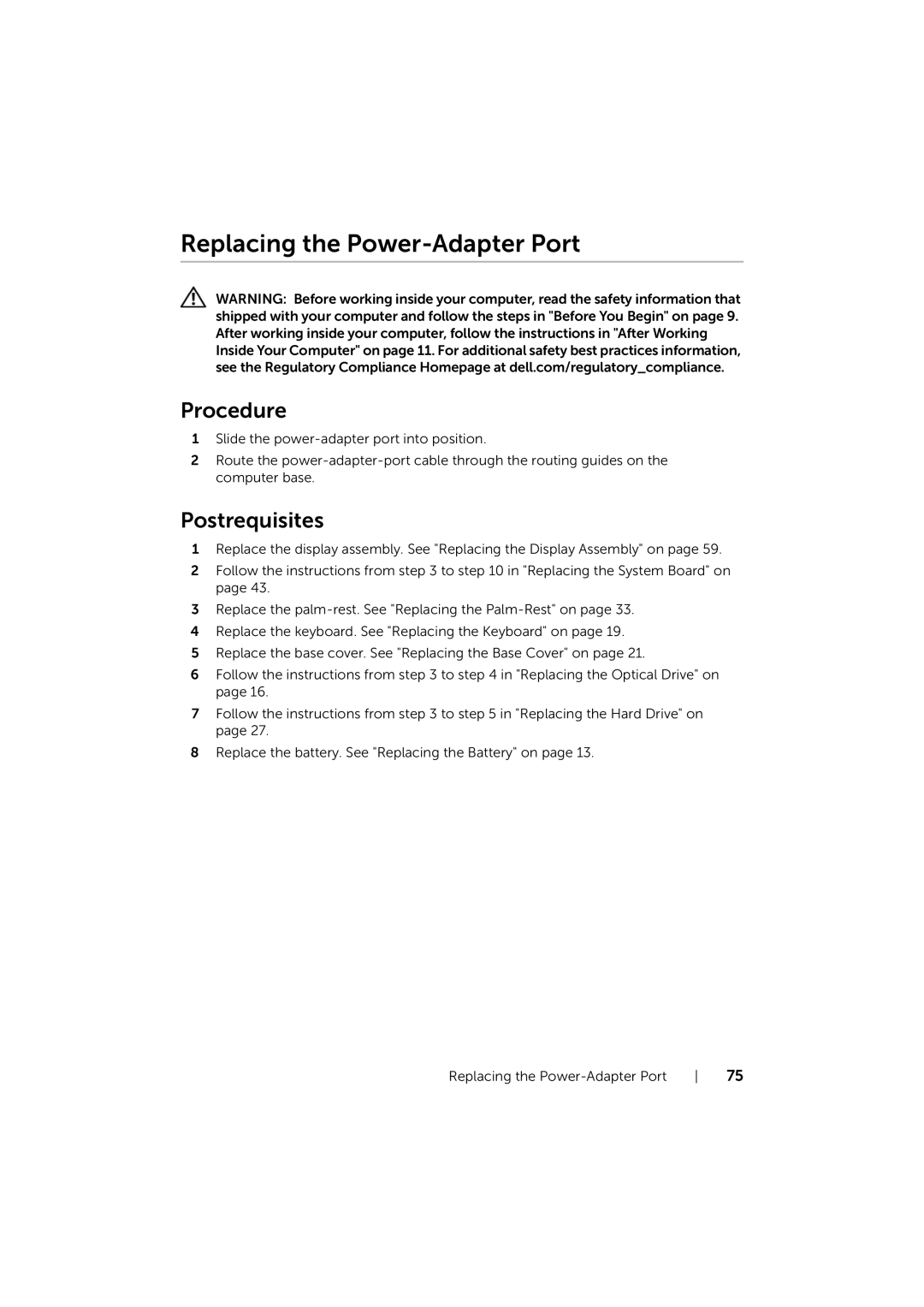 Dell 17/17R manual Replacing the Power-Adapter Port 