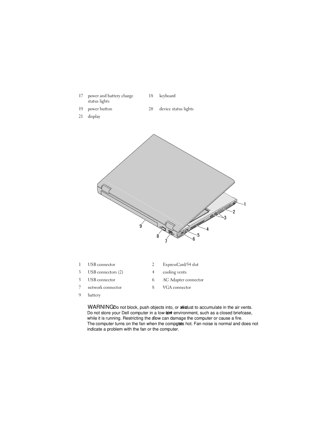 Dell 1720, 1520 manual Power and battery charge Keyboard Status lights Power button 