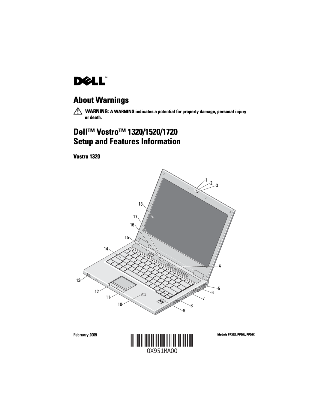 Dell manual About Warnings, Dell Vostro 1320/1520/1720 Setup and Features Information, Models PP36S, PP36L, PP36X 