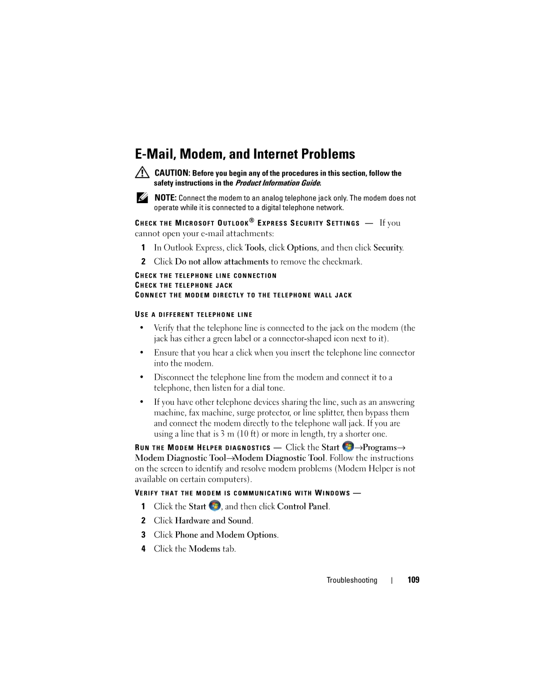 Dell 1720 owner manual Mail, Modem, and Internet Problems, 109 