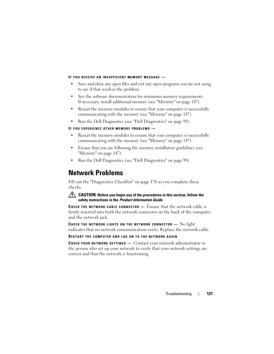 Dell 1720 owner manual Network Problems, Run the Dell Diagnostics see Dell Diagnostics on, 121 