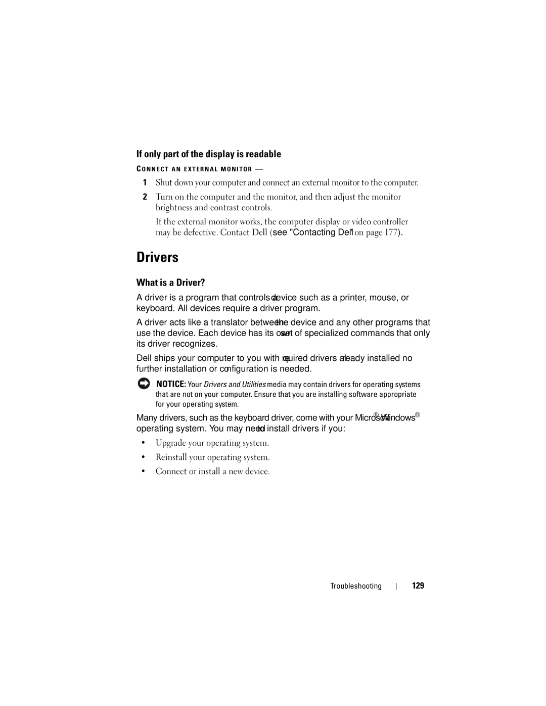 Dell 1720 owner manual Drivers, If only part of the display is readable, What is a Driver?, 129 