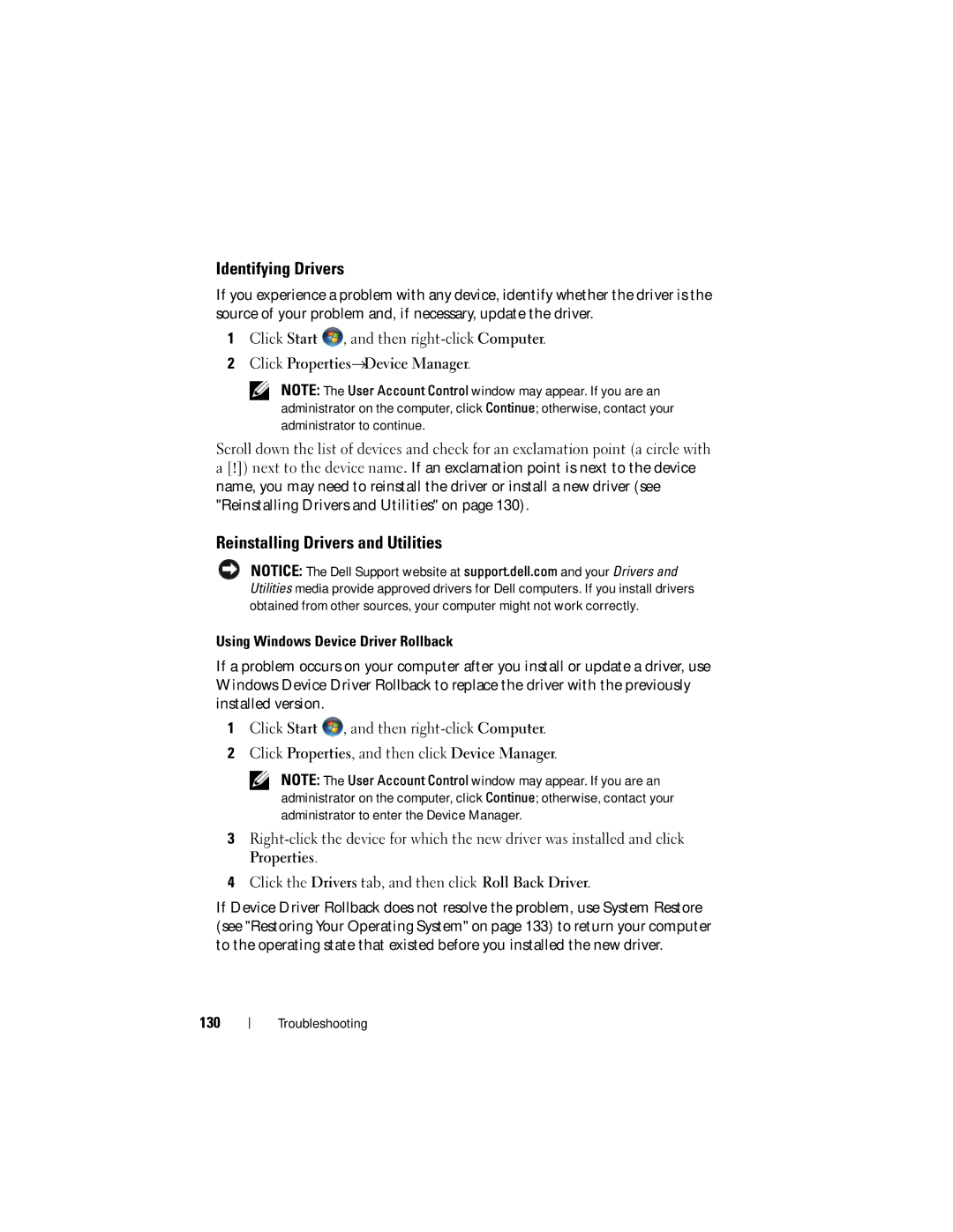 Dell 1720 owner manual Identifying Drivers, Reinstalling Drivers and Utilities, 130 