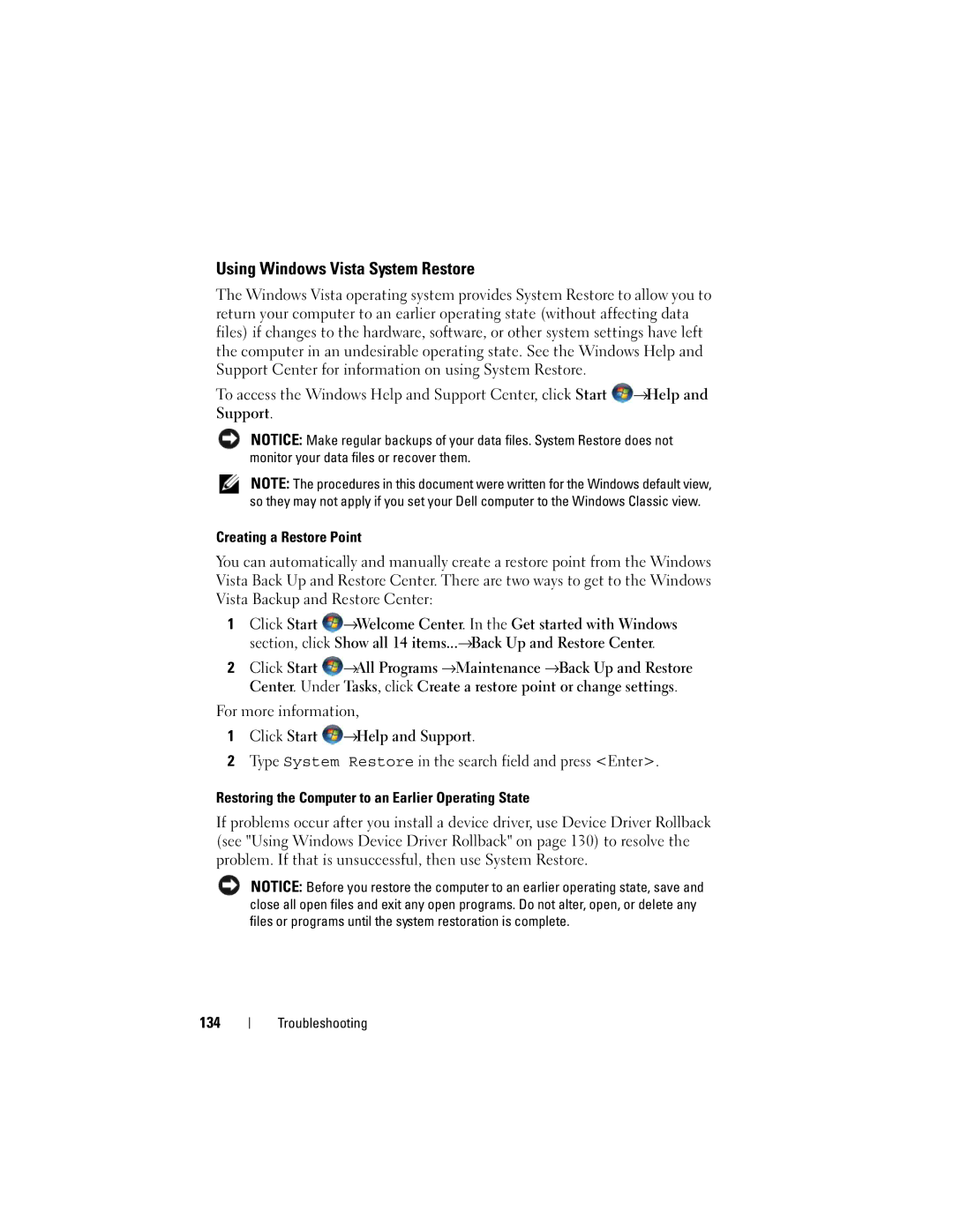 Dell 1720 owner manual Using Windows Vista System Restore 