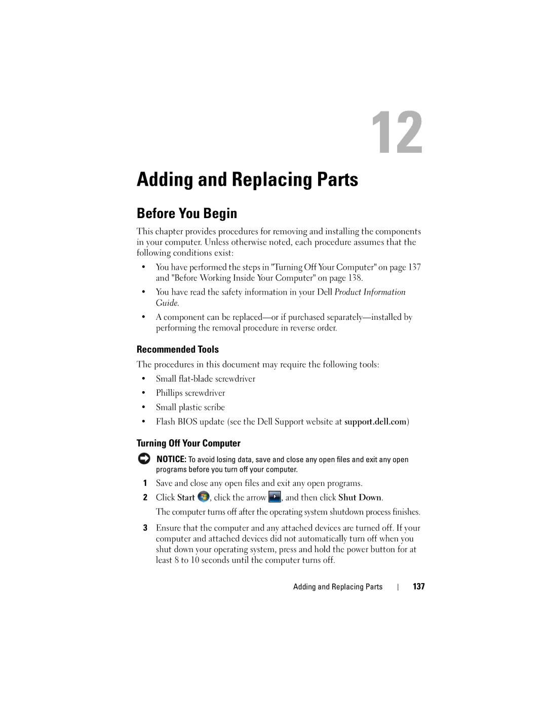 Dell 1720 owner manual Adding and Replacing Parts, Before You Begin, Recommended Tools, Turning Off Your Computer 