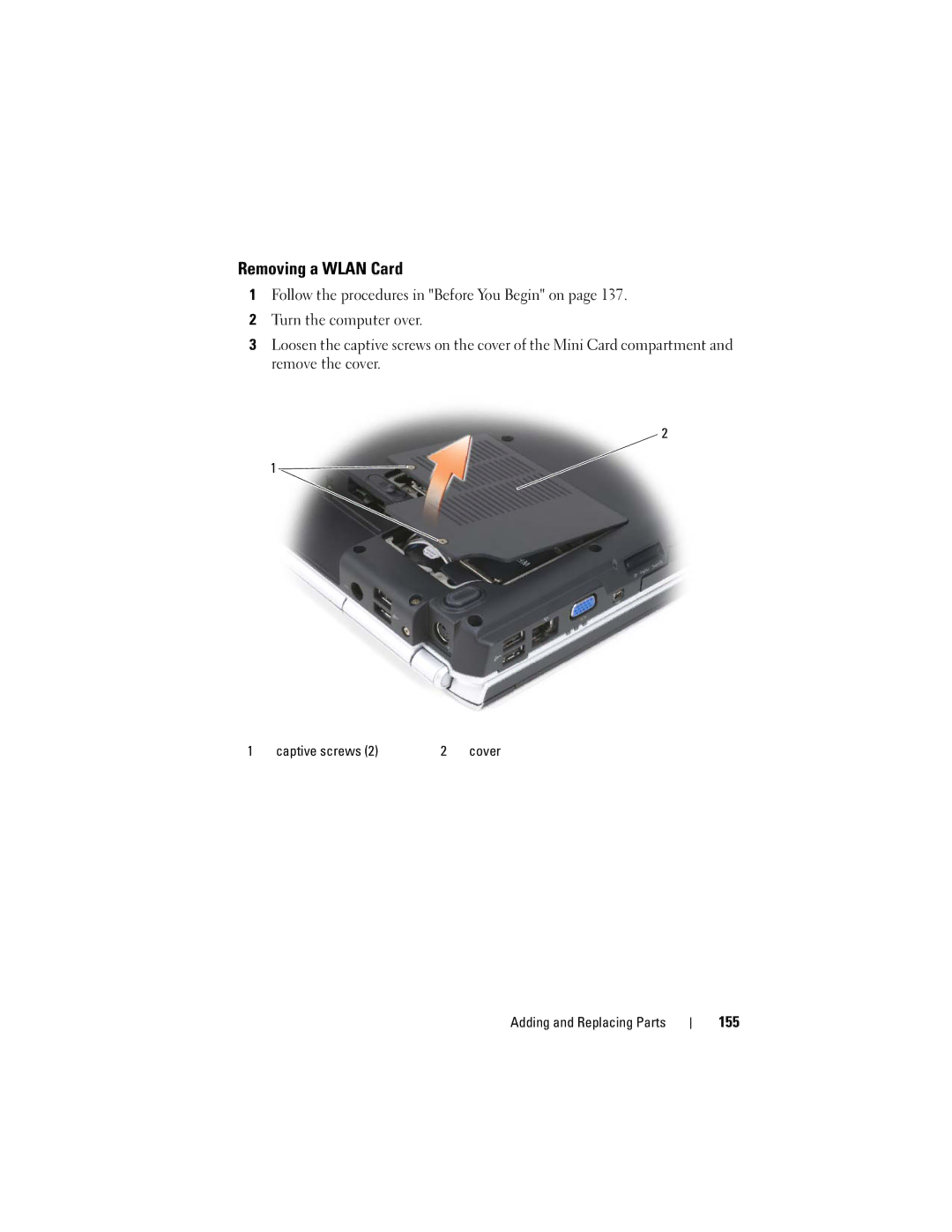 Dell 1720 owner manual Removing a Wlan Card, 155 