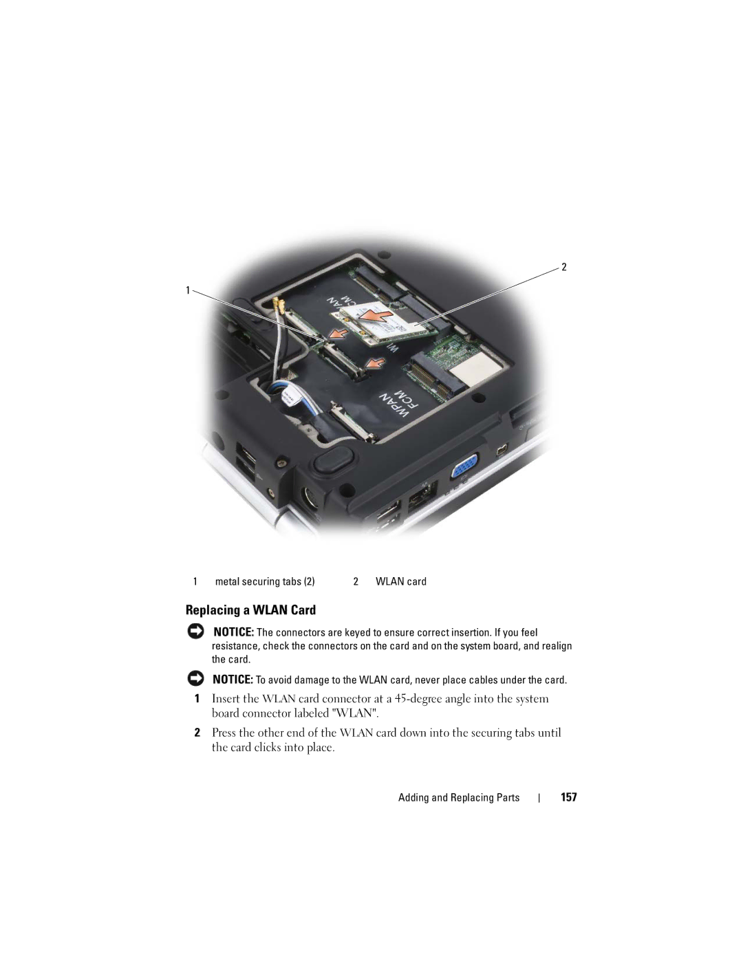 Dell 1720 owner manual Replacing a Wlan Card, 157 