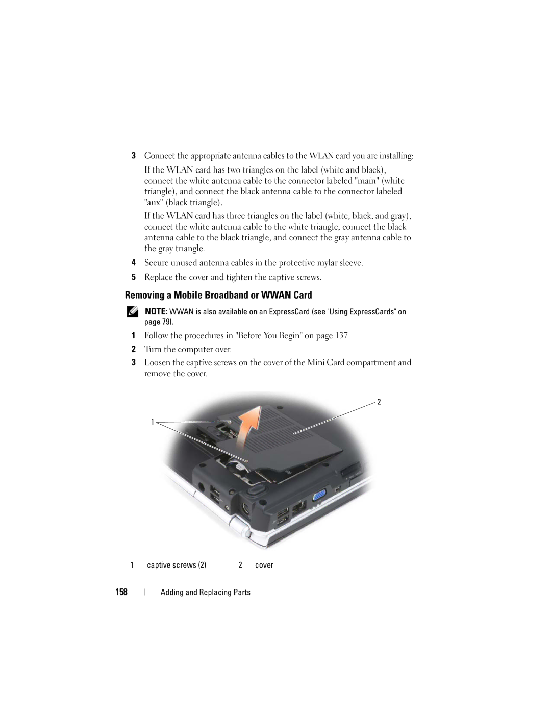 Dell 1720 owner manual Removing a Mobile Broadband or Wwan Card 