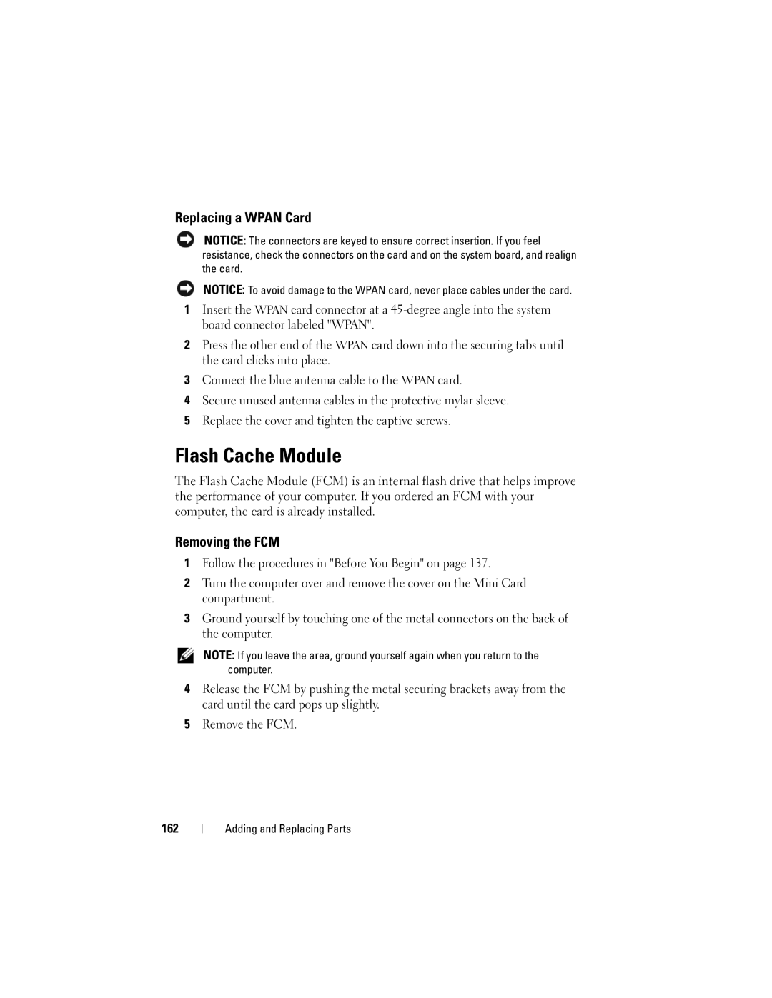 Dell 1720 owner manual Flash Cache Module, Replacing a Wpan Card, Removing the FCM 