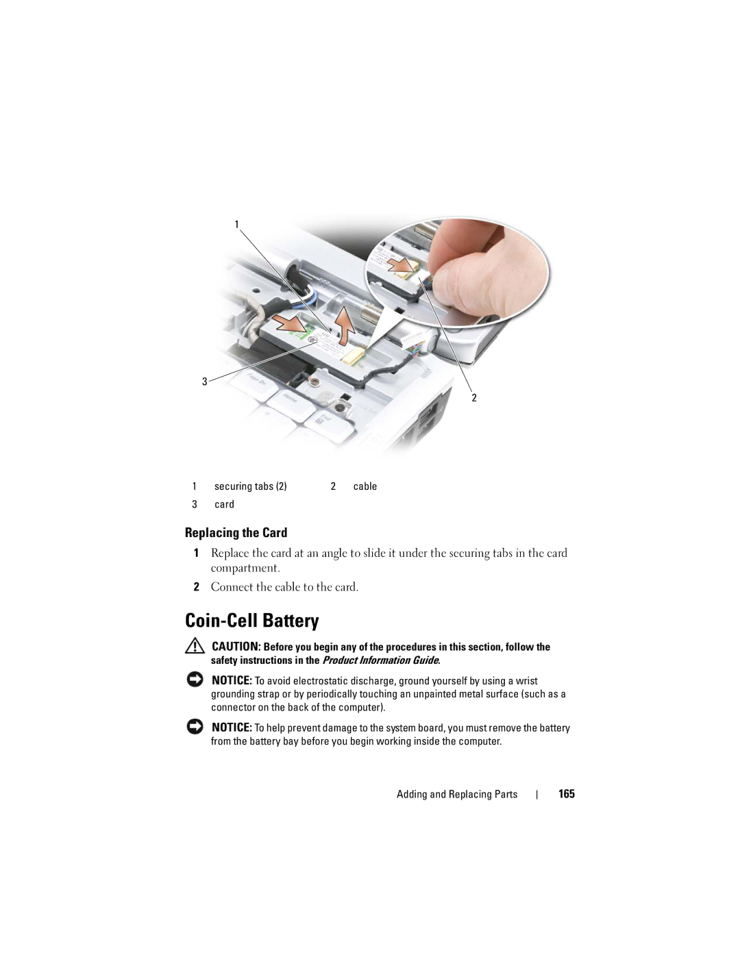 Dell 1720 owner manual Coin-Cell Battery, Replacing the Card, 165 