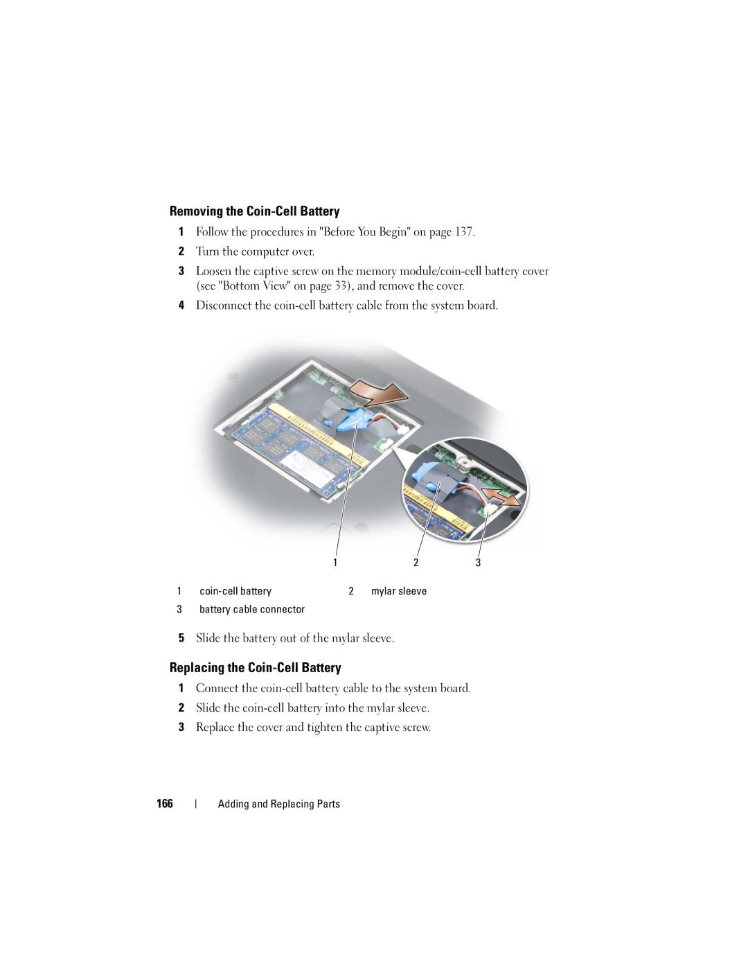 Dell 1720 Removing the Coin-Cell Battery, Replacing the Coin-Cell Battery, Slide the battery out of the mylar sleeve 