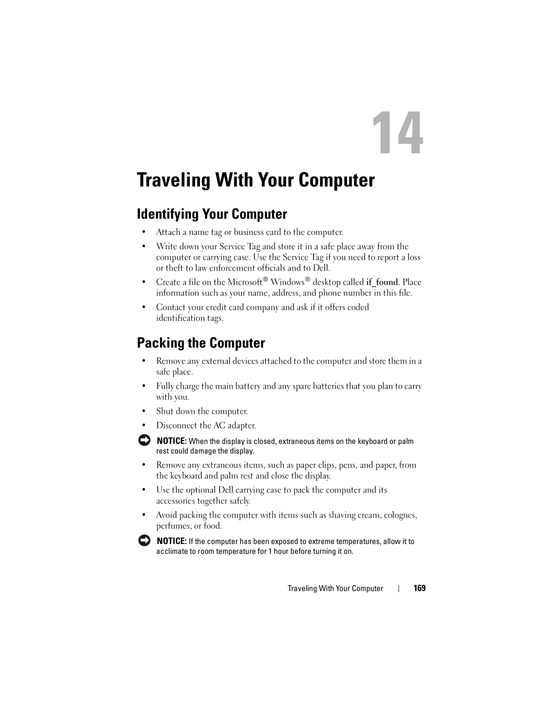 Dell 1720 owner manual Traveling With Your Computer, Identifying Your Computer, Packing the Computer, 169 