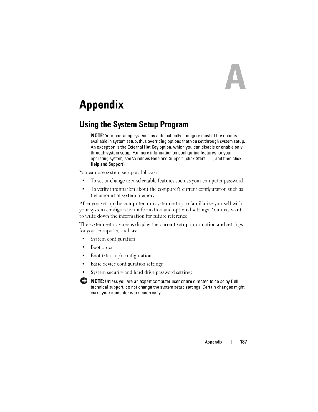 Dell 1720 owner manual Appendix, Using the System Setup Program, 187 