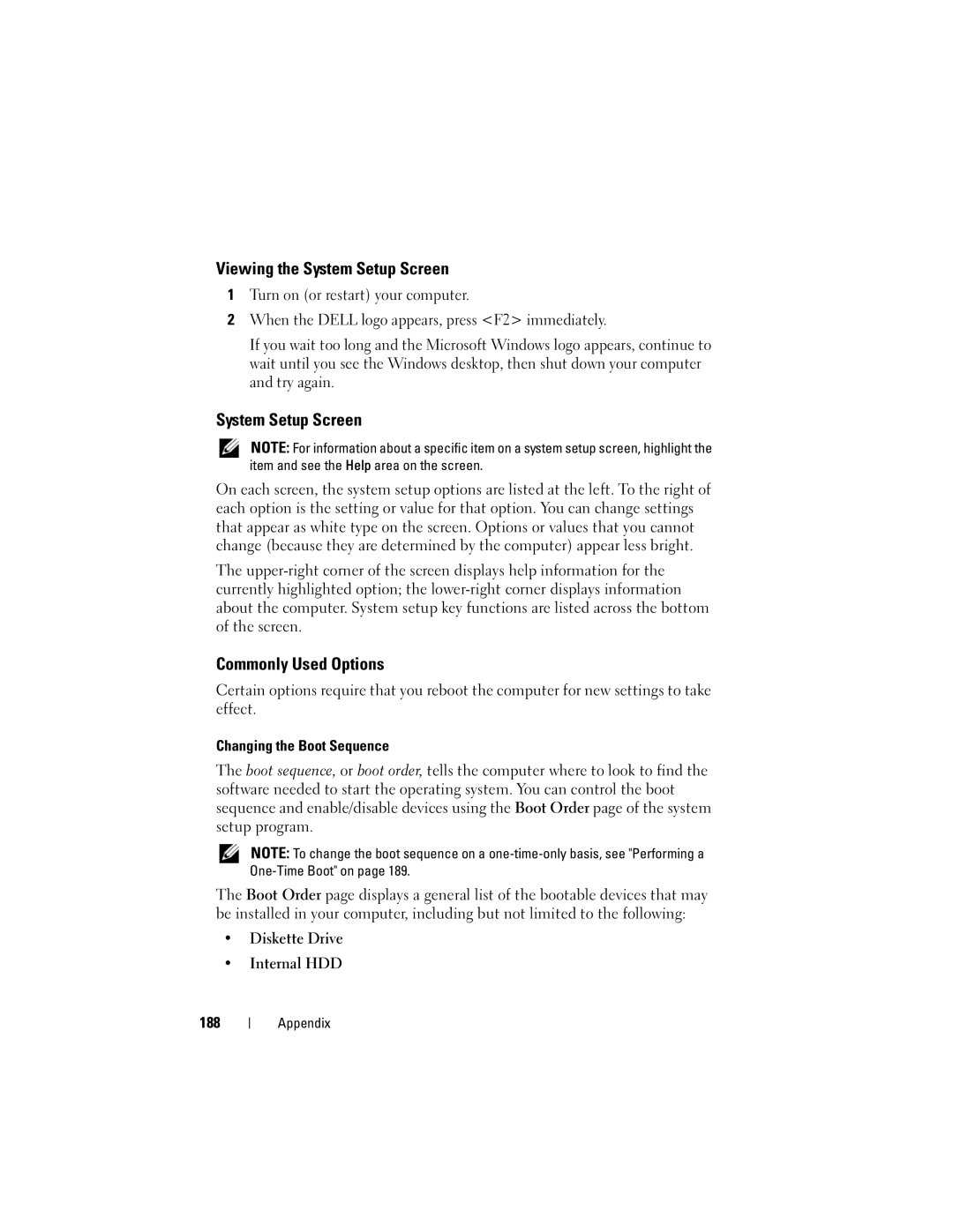 Dell 1720 owner manual Viewing the System Setup Screen, Commonly Used Options, Diskette Drive Internal HDD 188 