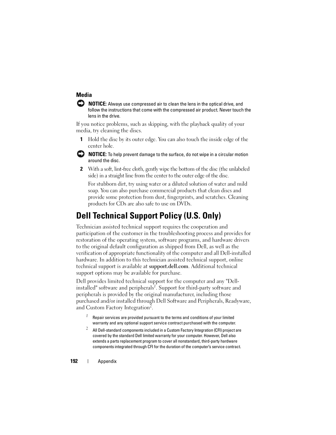 Dell 1720 owner manual Dell Technical Support Policy U.S. Only, Media, 192 