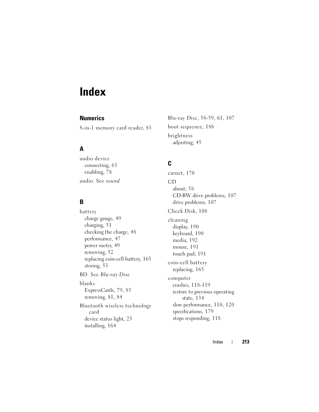 Dell 1720 owner manual Index, 213 