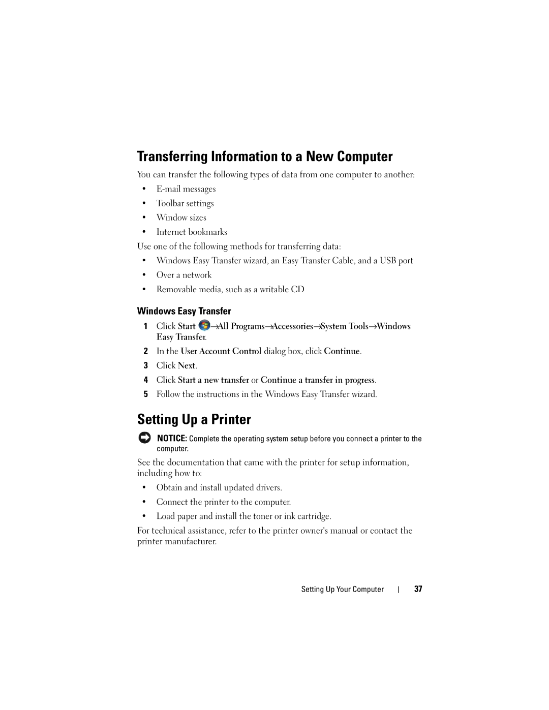 Dell 1720 owner manual Transferring Information to a New Computer, Setting Up a Printer, Windows Easy Transfer 