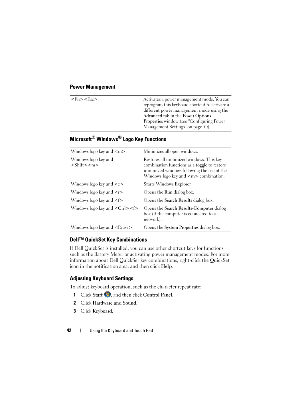 Dell 1720 owner manual Power Management, Microsoft Windows Logo Key Functions, Dell QuickSet Key Combinations 