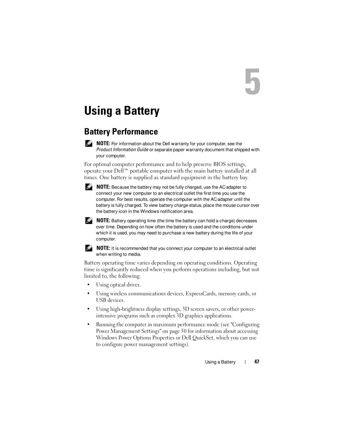 Dell 1720 owner manual Using a Battery, Battery Performance 