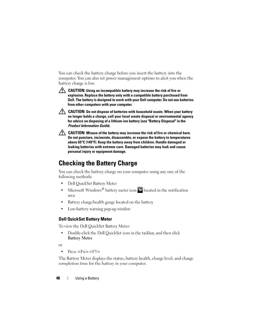 Dell 1720 owner manual Checking the Battery Charge, Dell QuickSet Battery Meter 