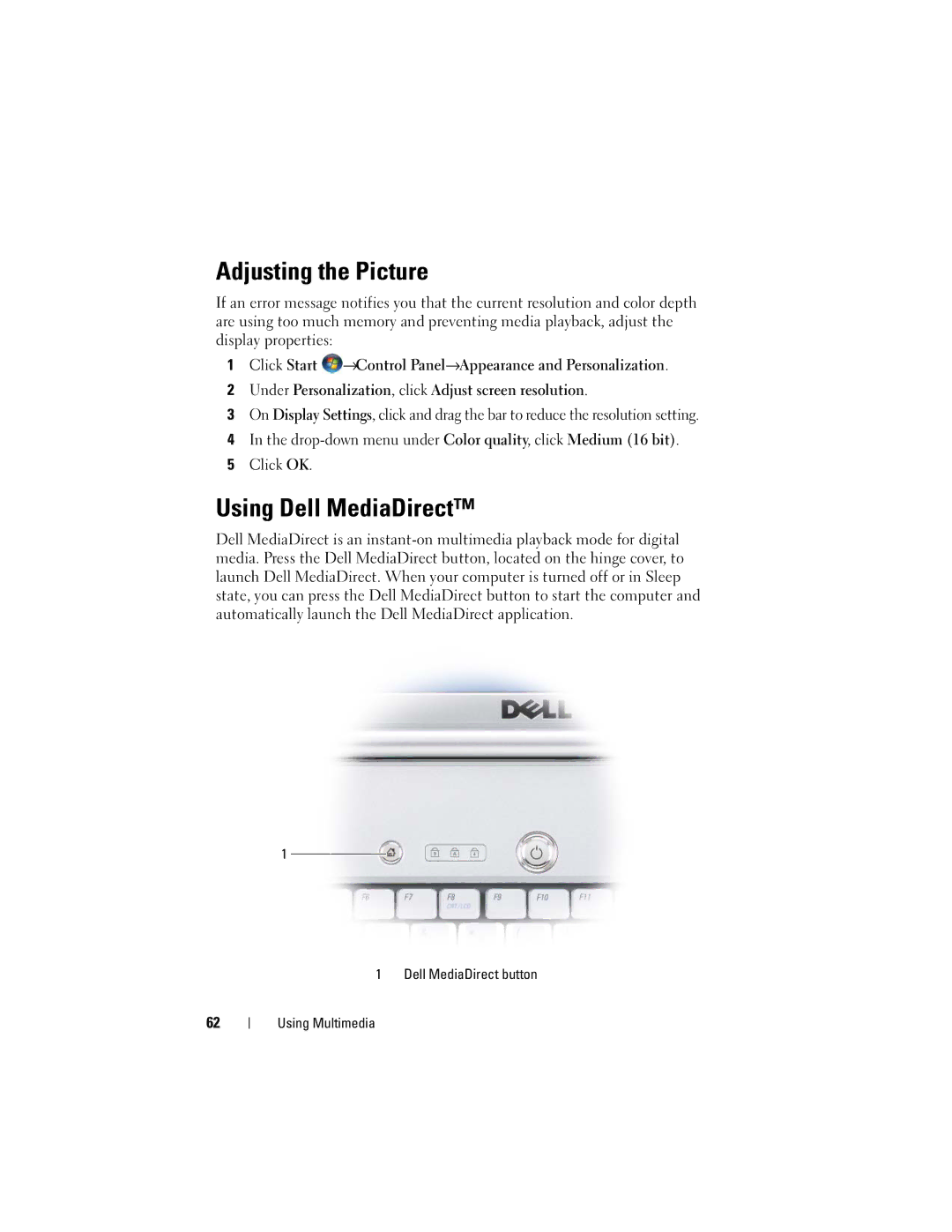 Dell 1720 owner manual Adjusting the Picture, Using Dell MediaDirect 