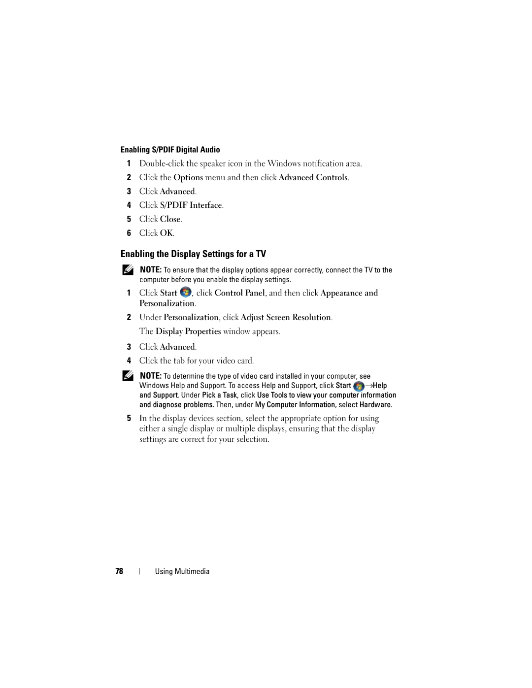 Dell 1720 owner manual Enabling the Display Settings for a TV 