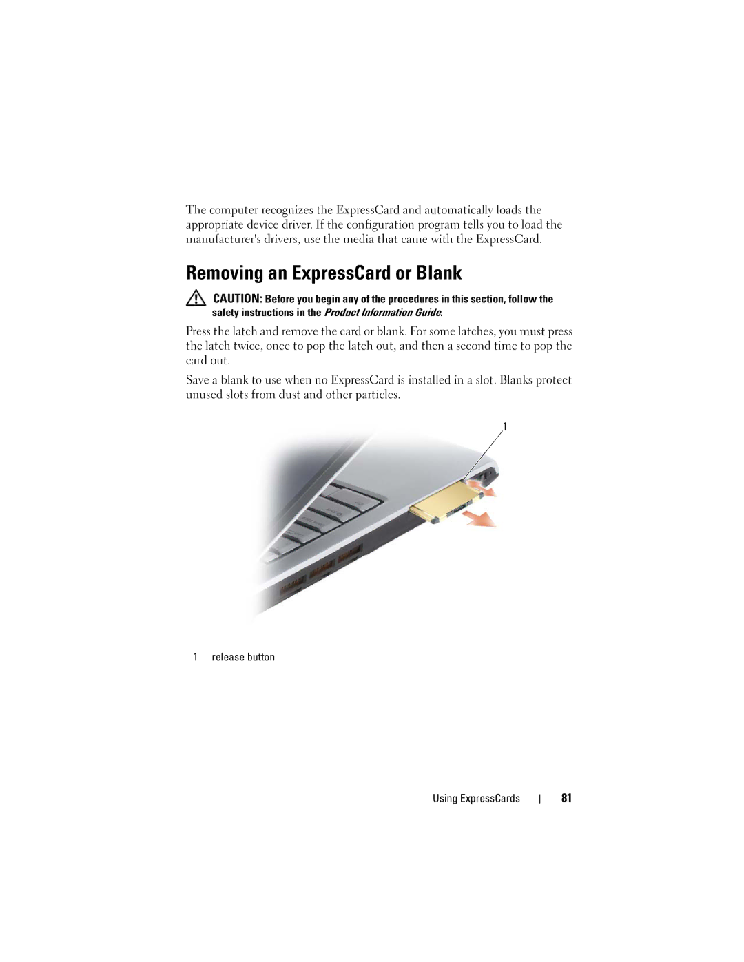 Dell 1720 owner manual Removing an ExpressCard or Blank 