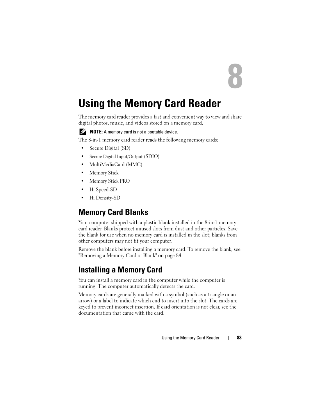 Dell 1720 owner manual Using the Memory Card Reader, Memory Card Blanks, Installing a Memory Card 