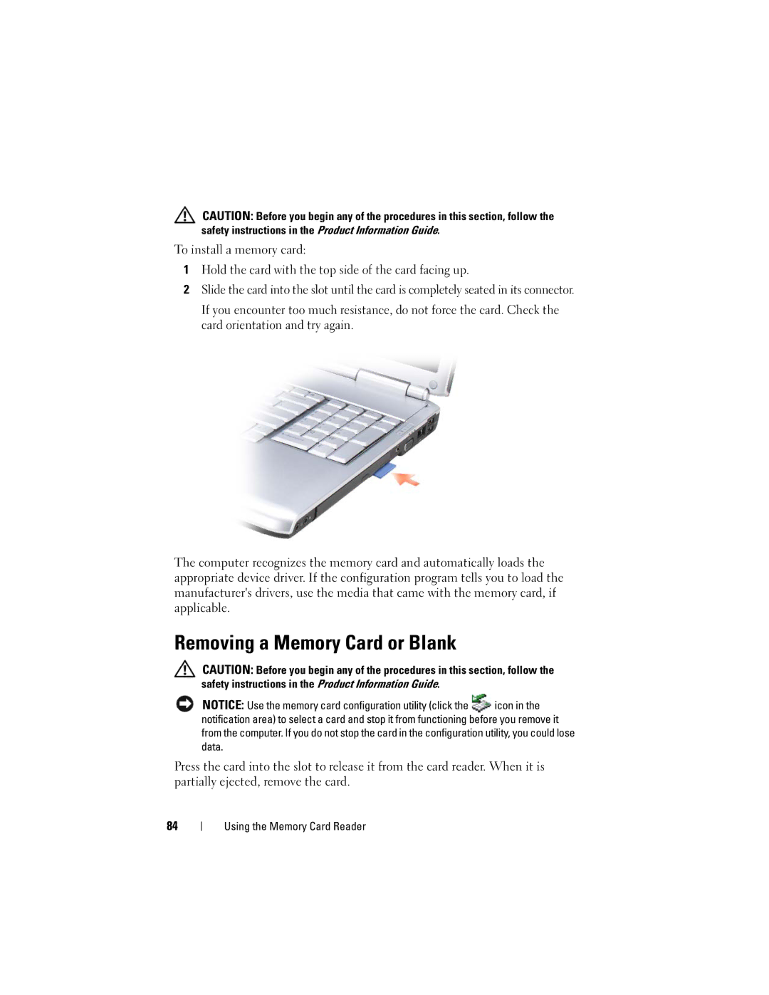 Dell 1720 owner manual Removing a Memory Card or Blank 