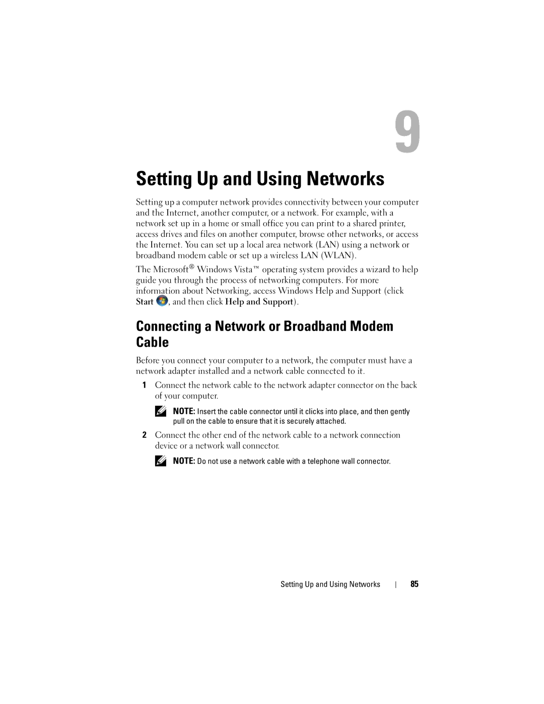 Dell 1720 owner manual Setting Up and Using Networks, Connecting a Network or Broadband Modem Cable 