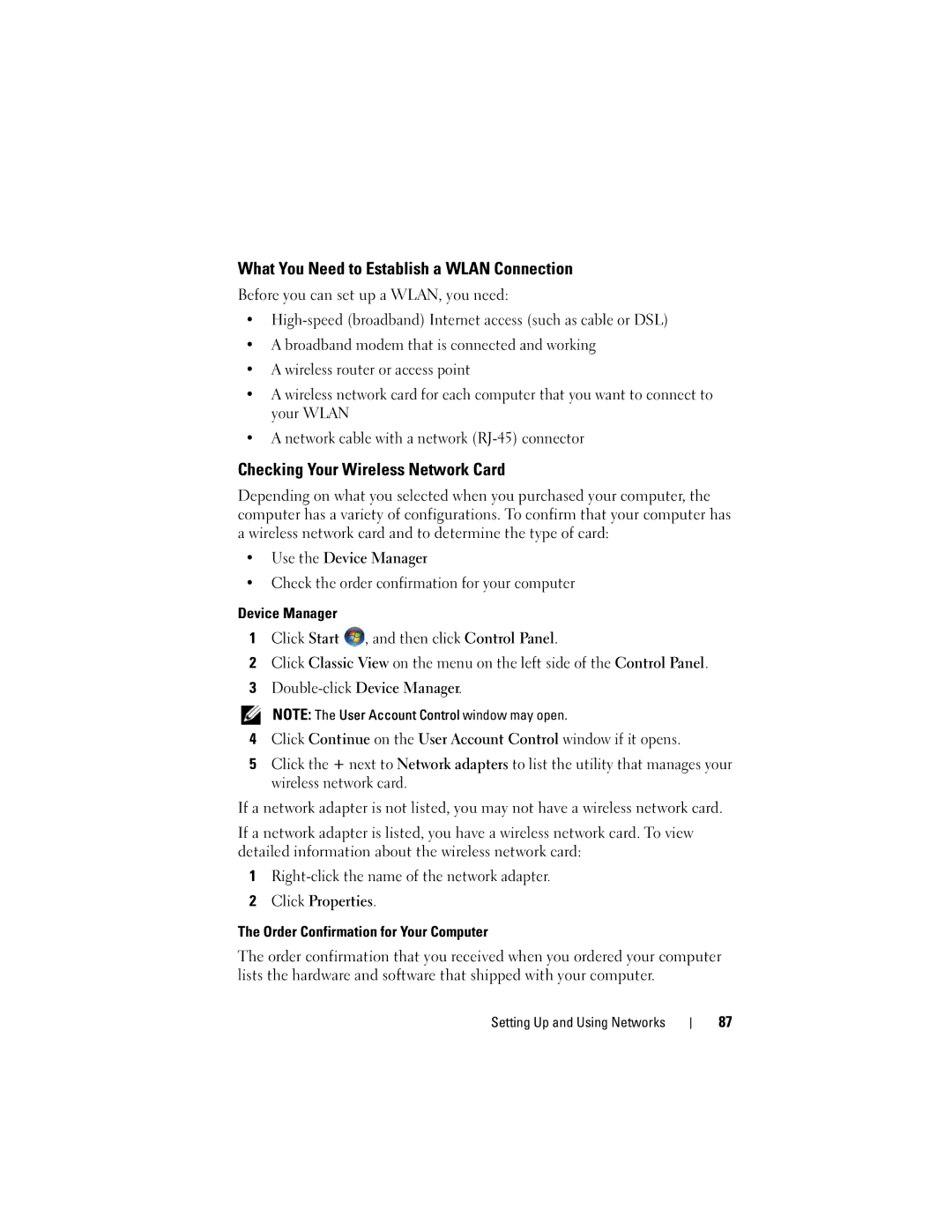 Dell 1720 owner manual What You Need to Establish a Wlan Connection, Checking Your Wireless Network Card 