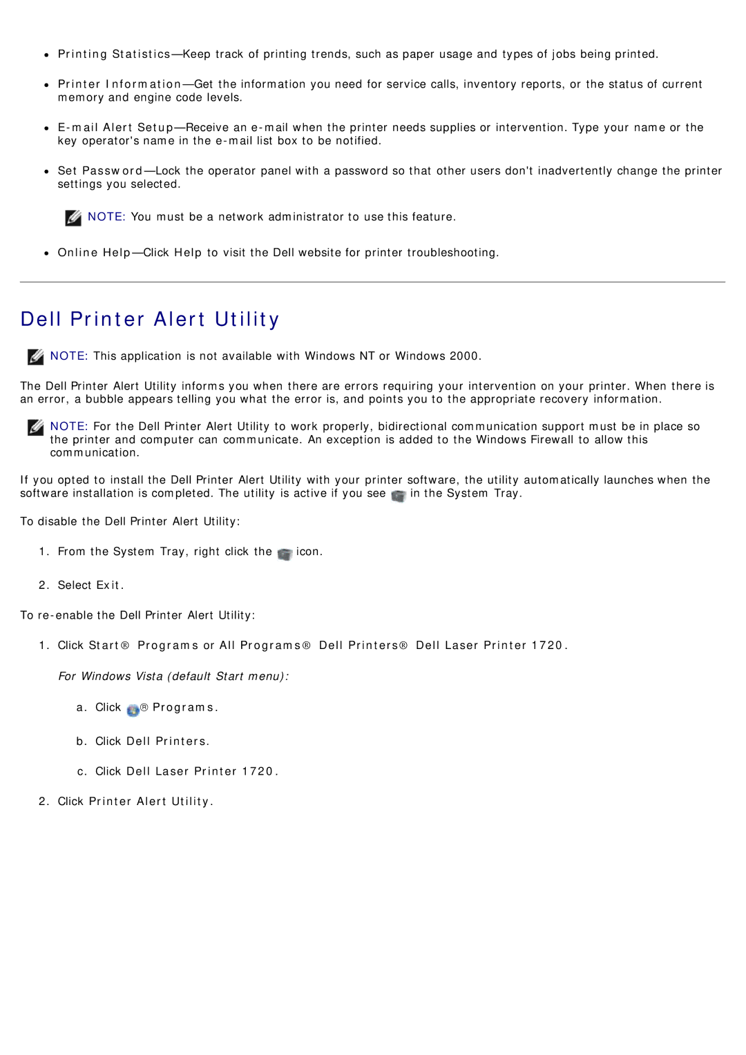 Dell 1720/1720DN specifications Dell Printer Alert Utility 