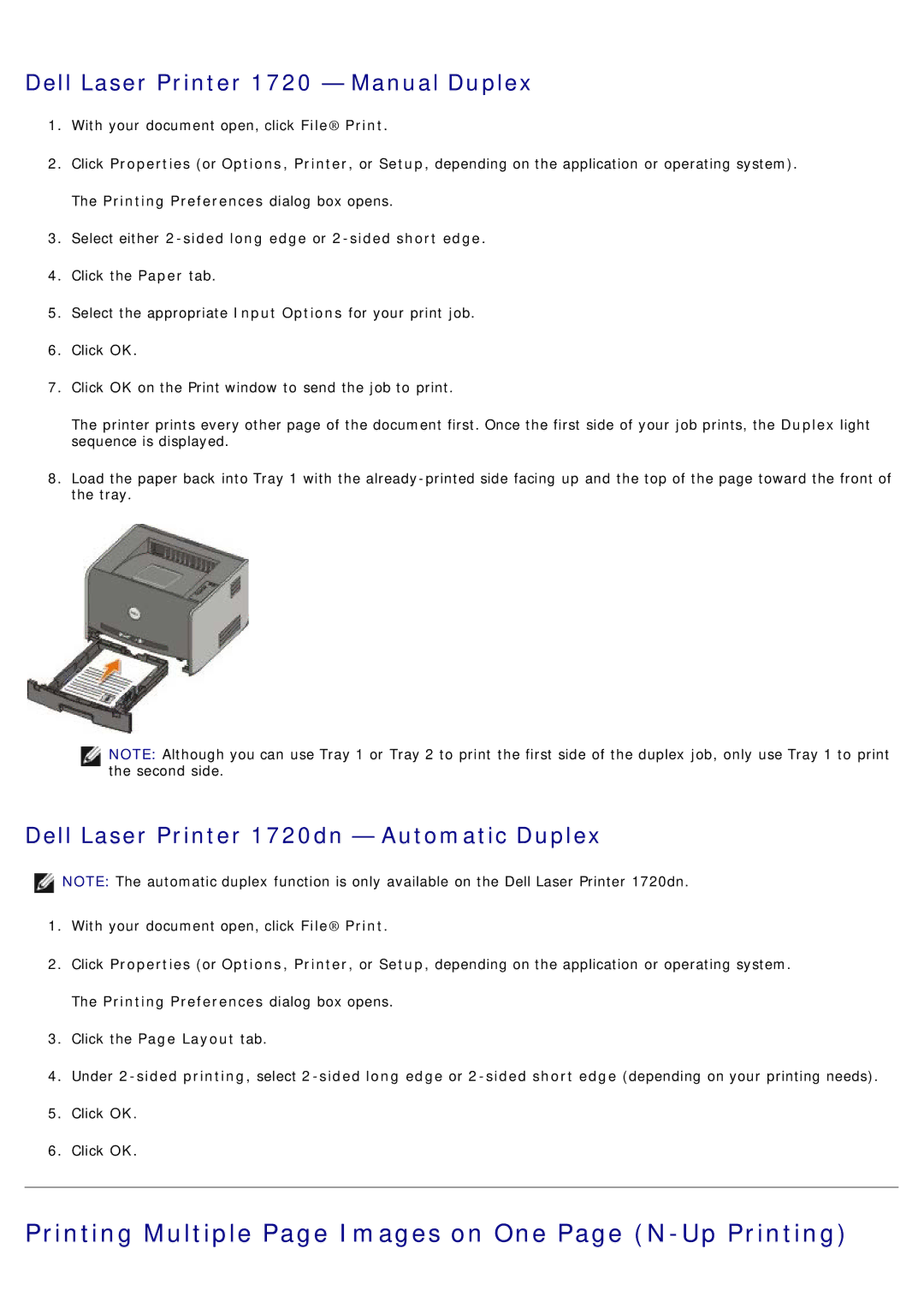 Dell 1720/1720DN Printing Multiple Page Images on One Page N-Up Printing, Dell Laser Printer 1720 Manual Duplex 