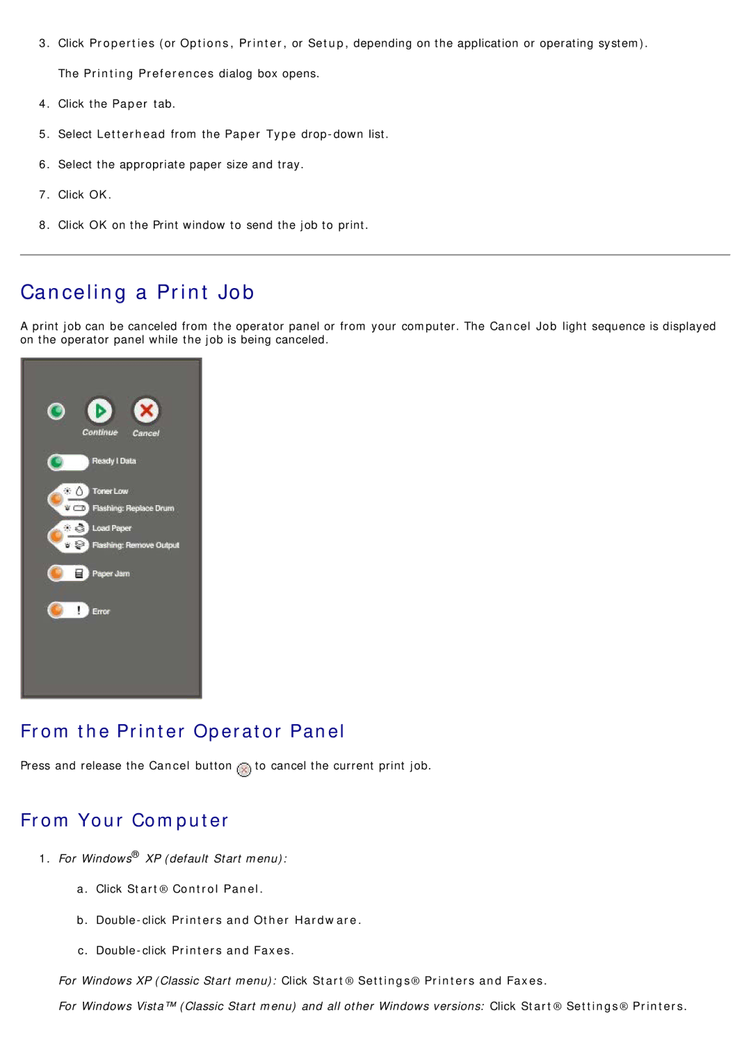 Dell 1720/1720DN specifications Canceling a Print Job, From the Printer Operator Panel, From Your Computer 