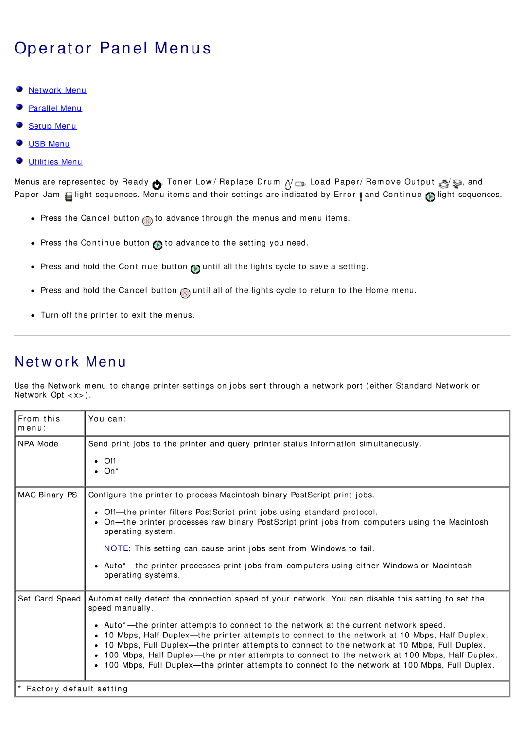 Dell 1720/1720DN specifications Operator Panel Menus, Network Menu, From this You can Menu, Factory default setting 