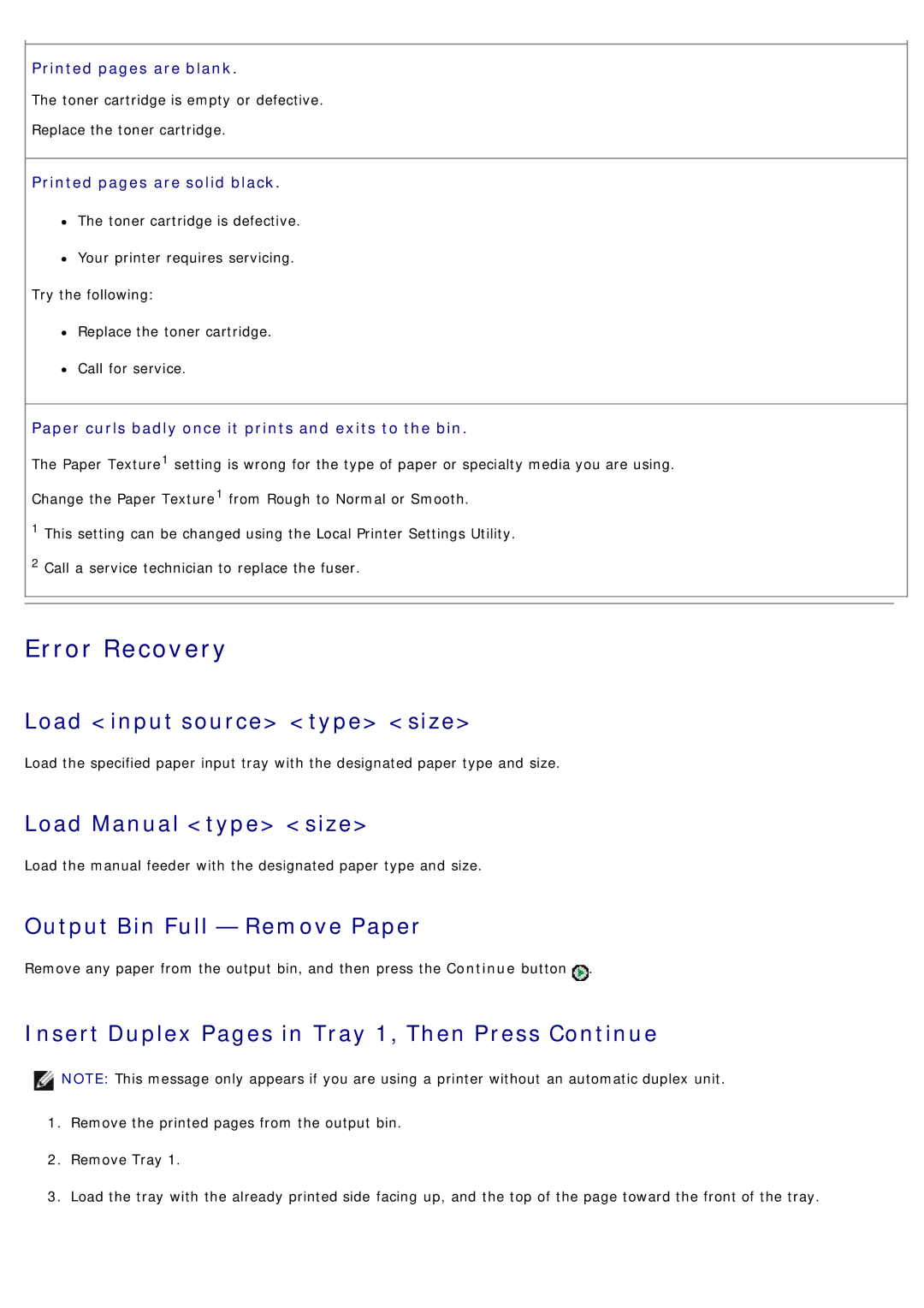 Dell 1720/1720DN Error Recovery, Load input source type size, Load Manual type size, Output Bin Full Remove Paper 